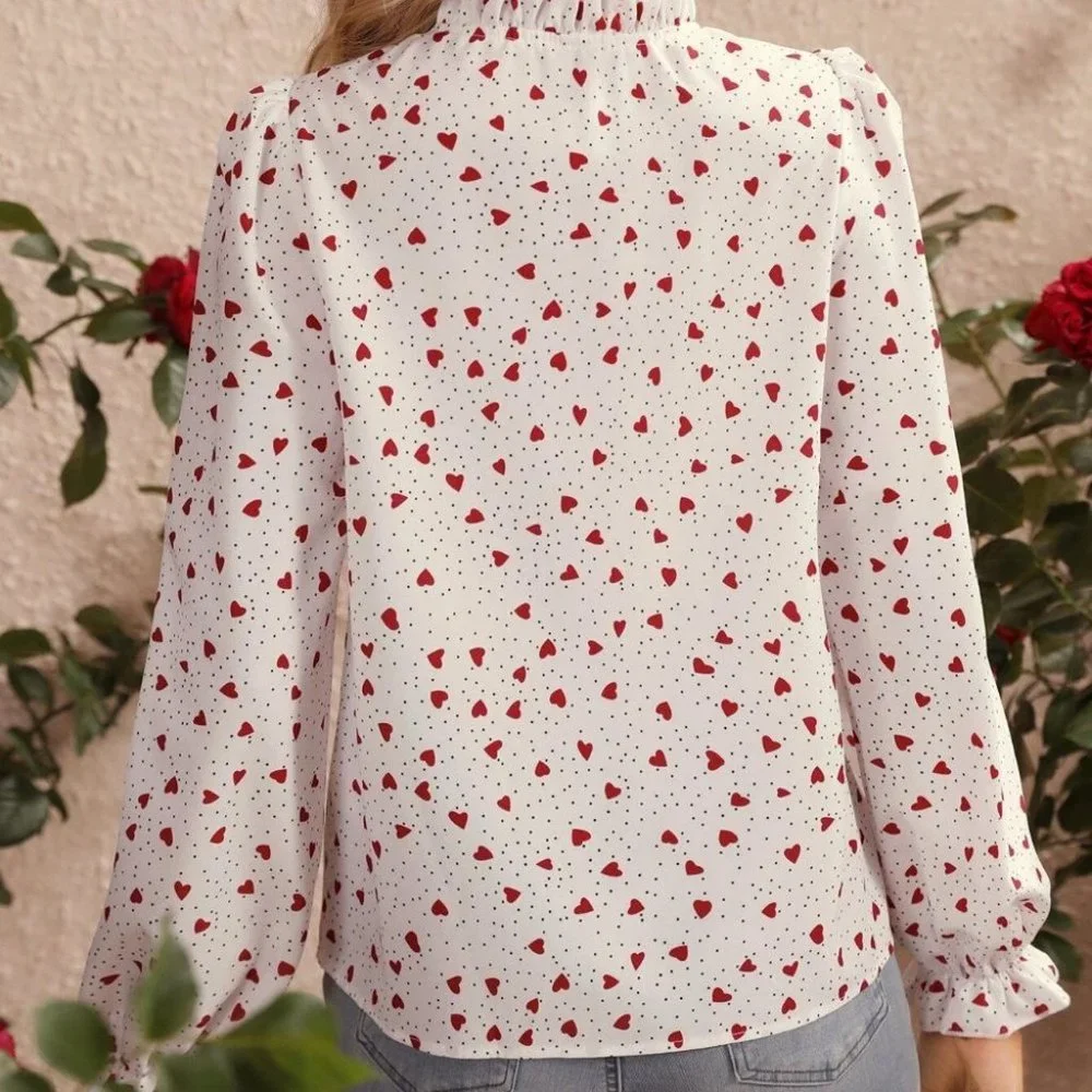Heart & Polka Dot Frill Trim Tie Neck Flounce Sleeve Blouse - Picture 3 of 5